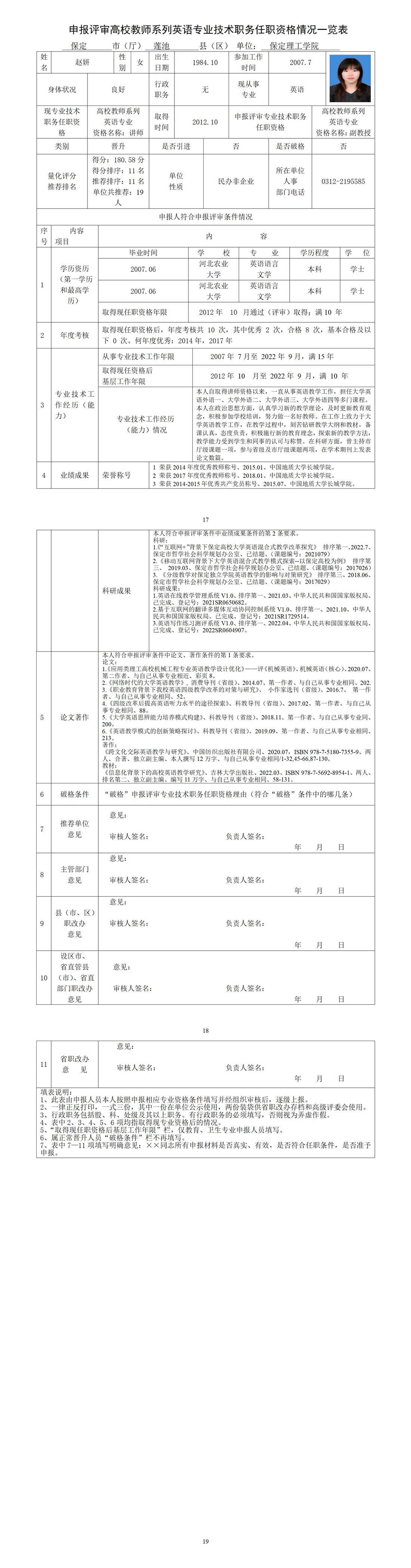 赵妍任职资格情况一览表